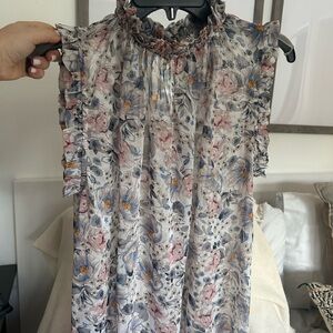 Elan Floral Ruffle Sleeve Blouse - Pink, Blue, Gray